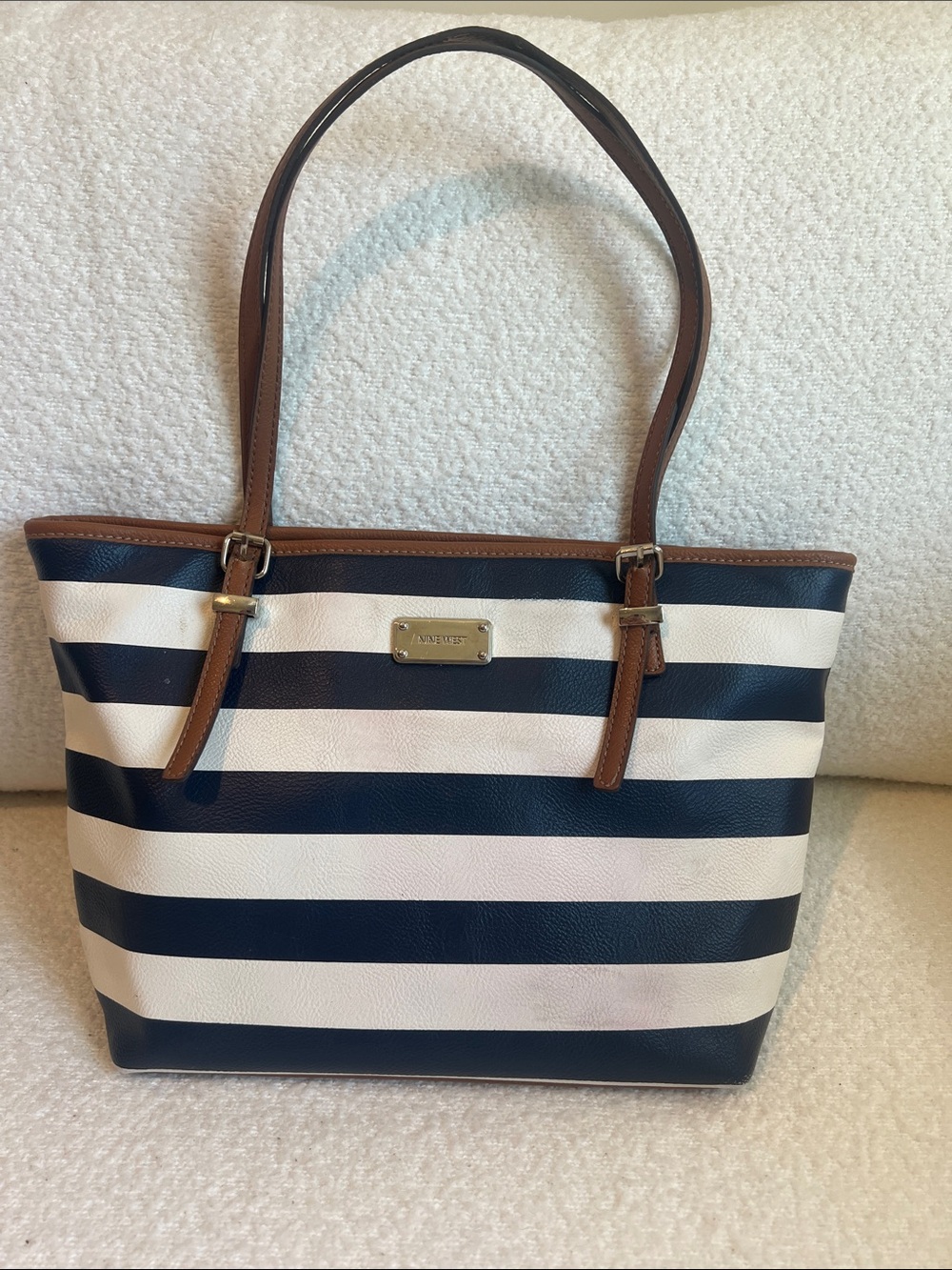 Nine West Navy and White Stripe Tote Purse with Brown Trim Shoulder Bag Leather